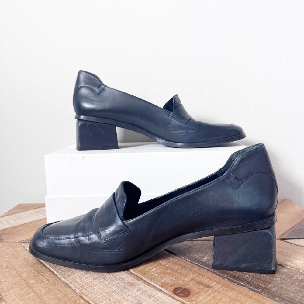 Martinez Valero Dark Navy Leather Block Heel Loafers - Picture 3 of 12